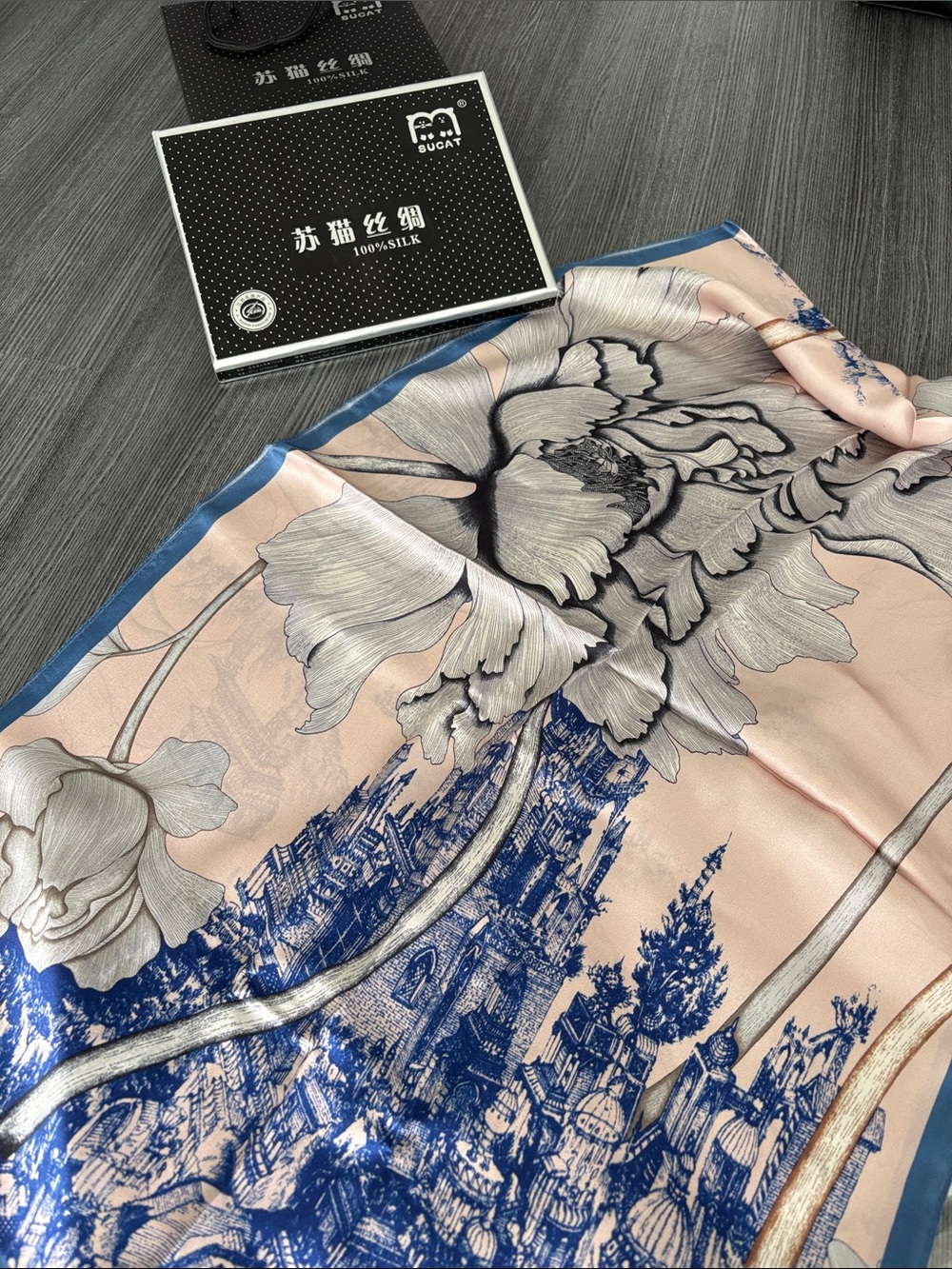 100% Silk Floral & Scenic Print Scarf in Blush Pink and Blue
